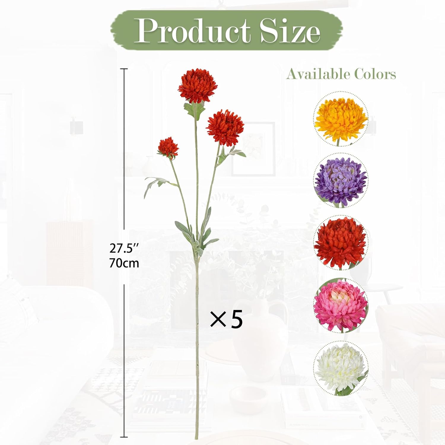 5Pcs Artificial Chrysanthemum Flowers - 27.5'' Tall Faux Mums Floral Stems Red Silk Chrysanthemums For Home Wedding Party Bouquet Vase Arrangement Décor