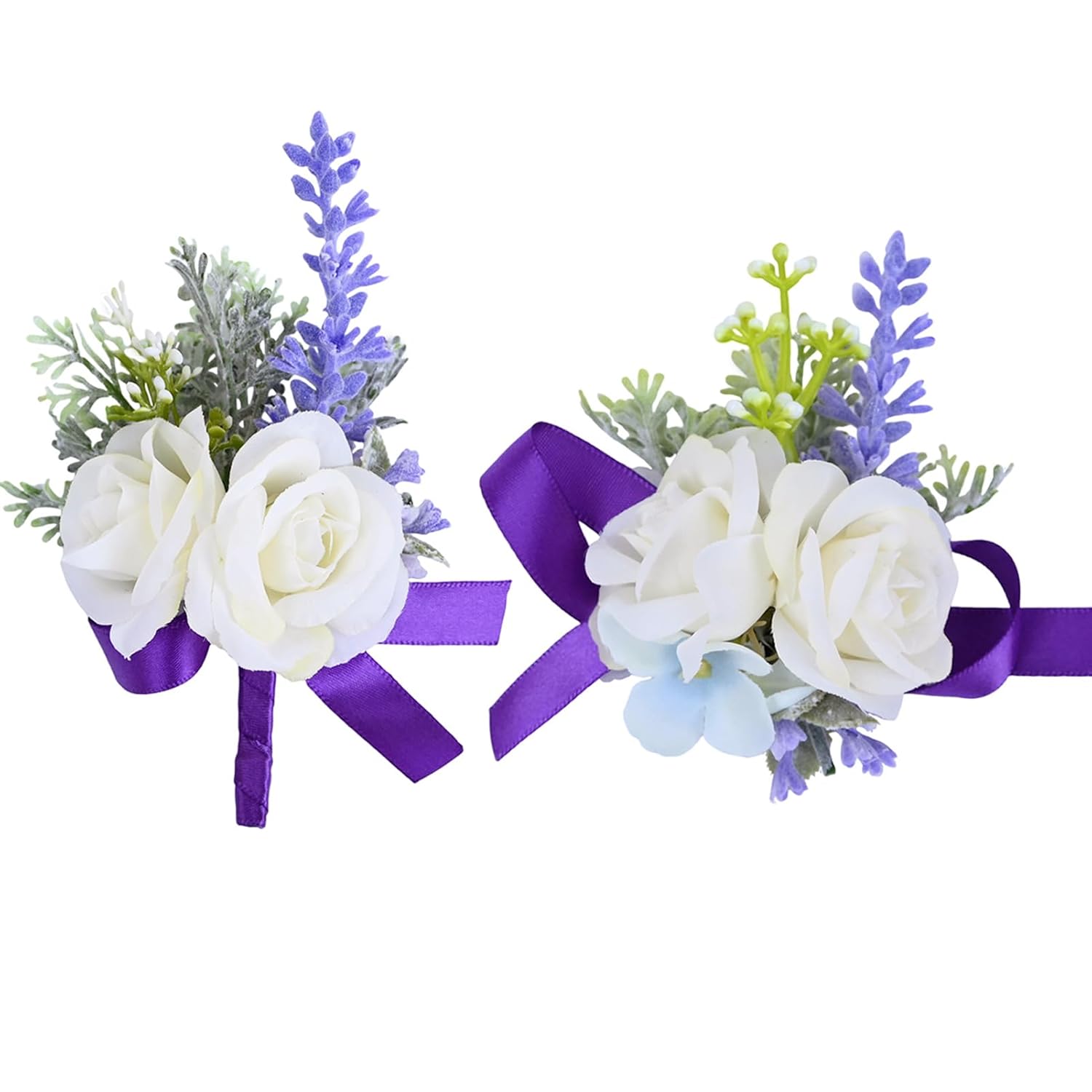 Wrist Corsage And Boutonniere Set Artificial Flowers Accessories For Groom Bride Groomsmen Bridesmaids Wedding Party Prom Suit - Purple White 2 Pieces