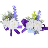Wrist Corsage And Boutonniere Set Artificial Flowers Accessories For Groom Bride Groomsmen Bridesmaids Wedding Party Prom Suit - Purple White 2 Pieces