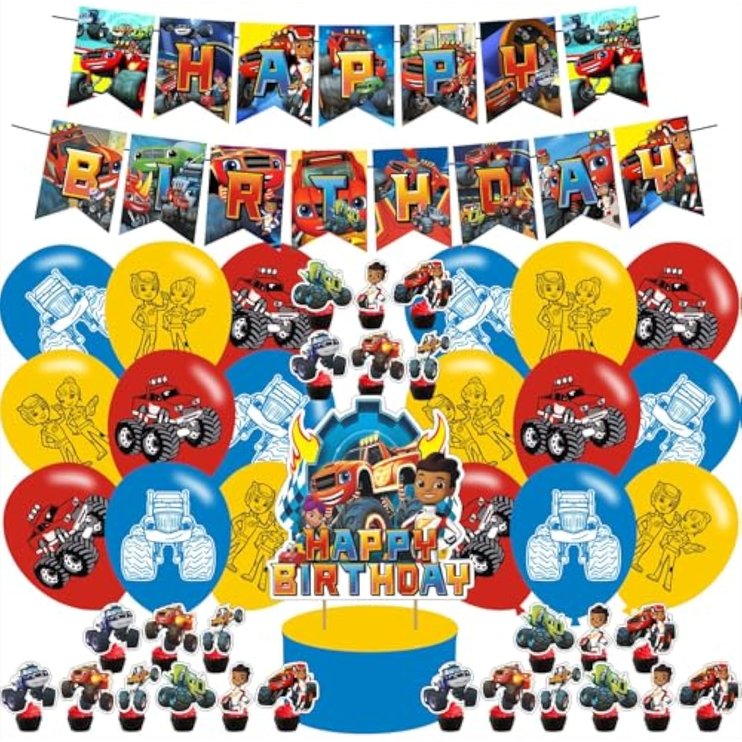 Blaze And The Monster Themed Birthday Party Supplies Set Happy Birthday Banner, Cake Topper, Cupcake Toppers, Balloons Stickers For Monster Car Kids Party Decorations