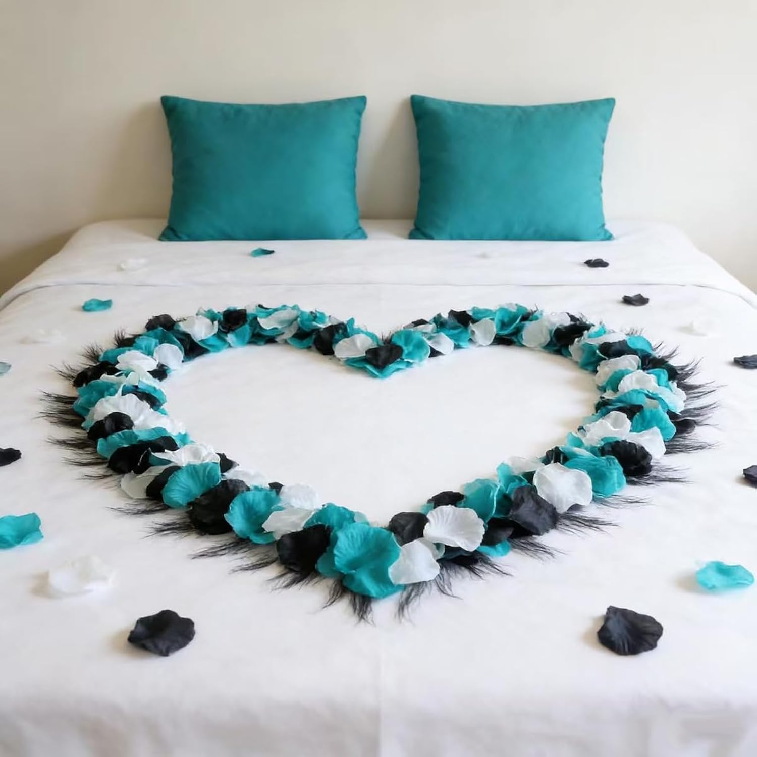 900 Pcs Teal And Black Artificial Rose Petals - Aqua Turquoise White Silk Flower Petals For Wedding Aisle Decor, Gothic Party Table Scatters, Centerpiece Fillers, Bridal Shower & Flower Girl Baskets