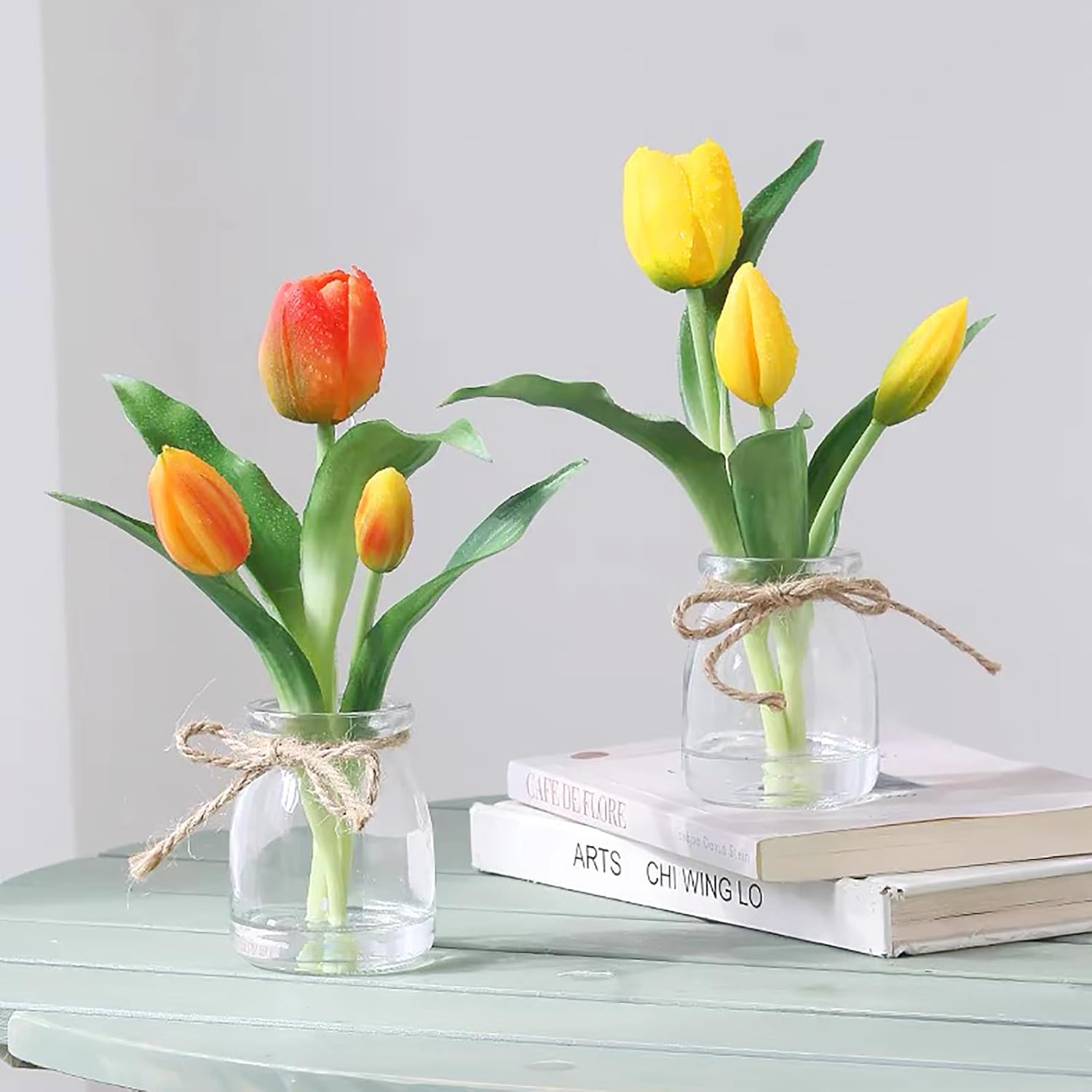 Tulips Artificial Flowers In Vase, Real Touch Tulips With Faux Water Orange Flowers With Vase Floral Table Centerpiece For Home Office Party Desk Decor