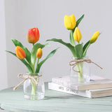 Tulips Artificial Flowers In Vase, Real Touch Tulips With Faux Water Orange Flowers With Vase Floral Table Centerpiece For Home Office Party Desk Decor