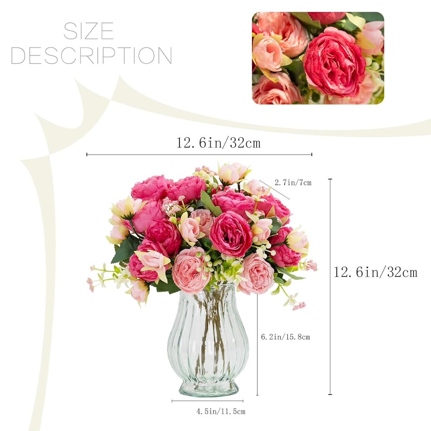 Artificial Peonies Silk Flowers In Glass Vase Faux Flowers Bouquets Modern Penoy Arrangement 4 Pack For Home Decoration Table Centerpiece (Rose Red)