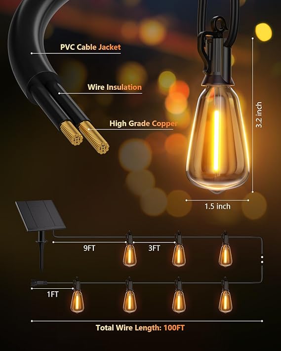 100FT Solar String Lights with Remote 31 Shatterproof LED Bulbs Dimmable Patio Lights