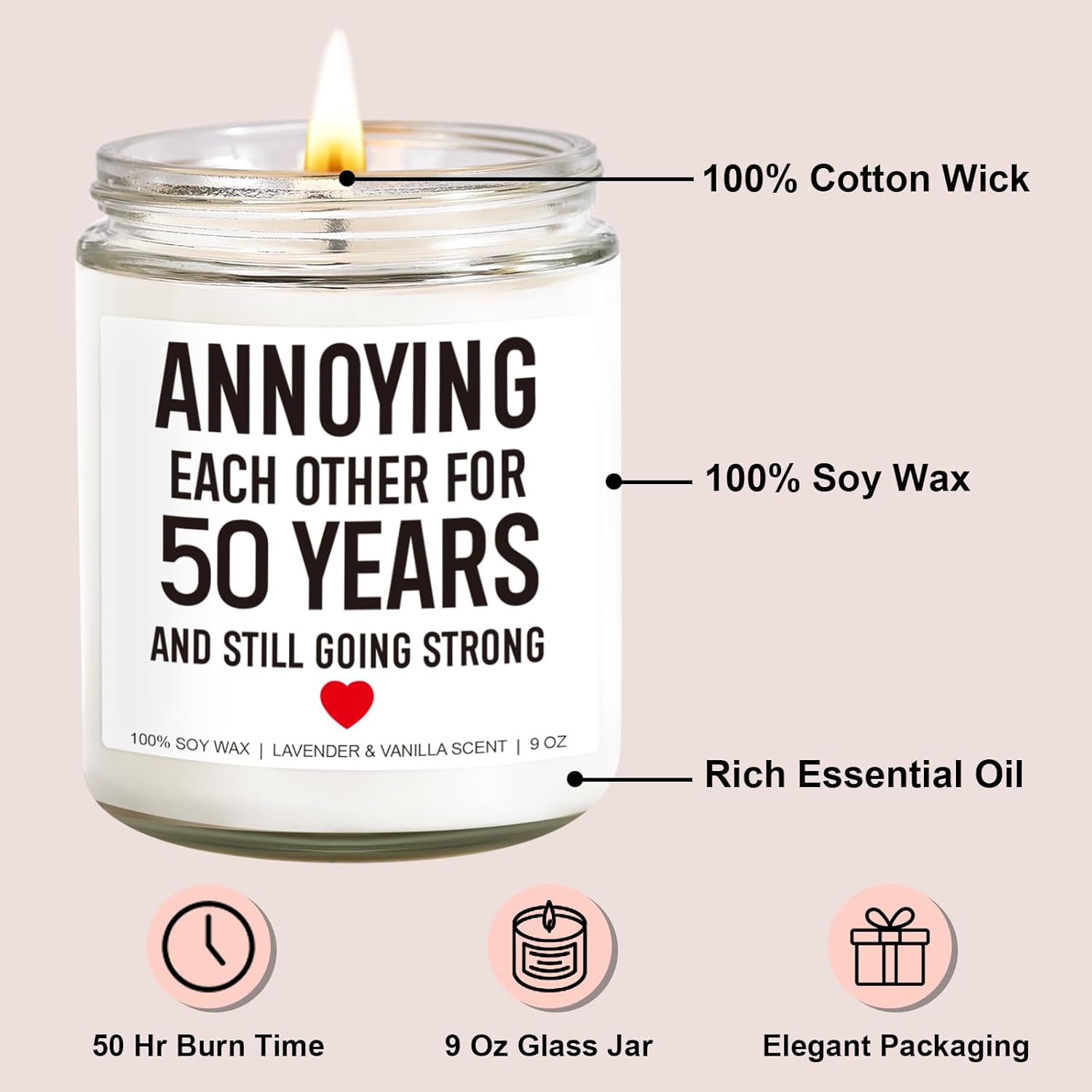 Funny 50 Years Candle, 50Th Anniversary, Gifts For Couple, Parents - 50Th Wedding Anniversary Decorations, 50 Year Golden Anniversary, Gifts For Husband, Wife, Friends - 9 Oz