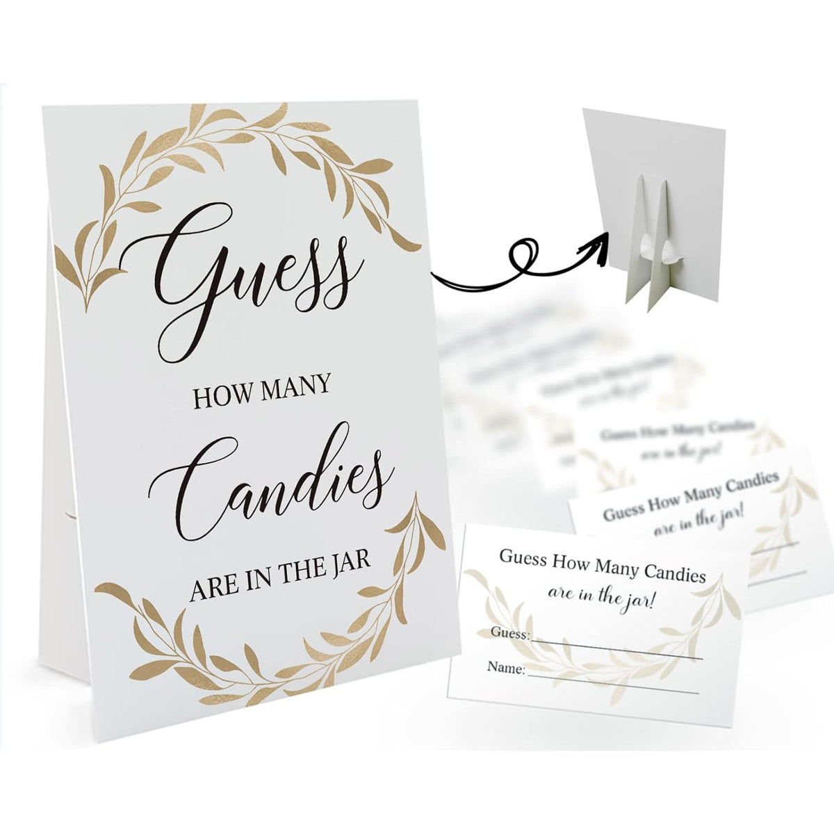 Candy Guessing Game Cards-1 Sign 8X11 And 50 Cards, Golden Leaves How Many Game Sign, For Boys Girls Birthday Party, Baby Shower, Party Games Activities And Decorations 18