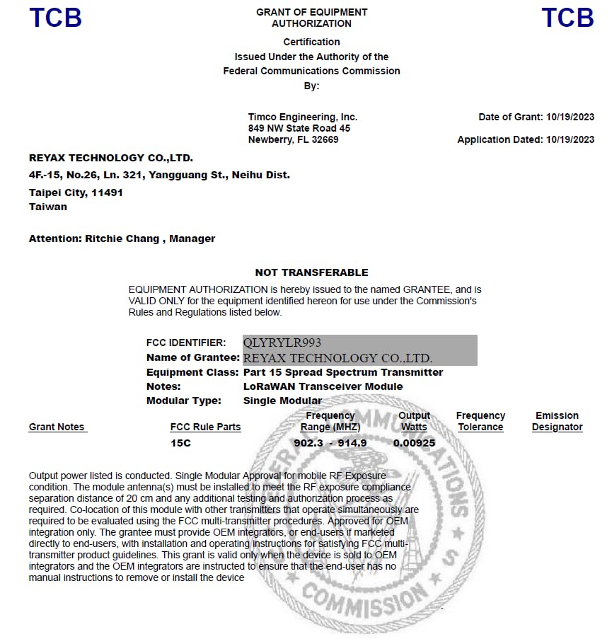 Rylr993_Lite Rylr993 868/915Mhz Lorawan & Proprietary Dual Mode Transceiver Antenna Module Long Distance! Fcc Ce Mic Ncc Certification