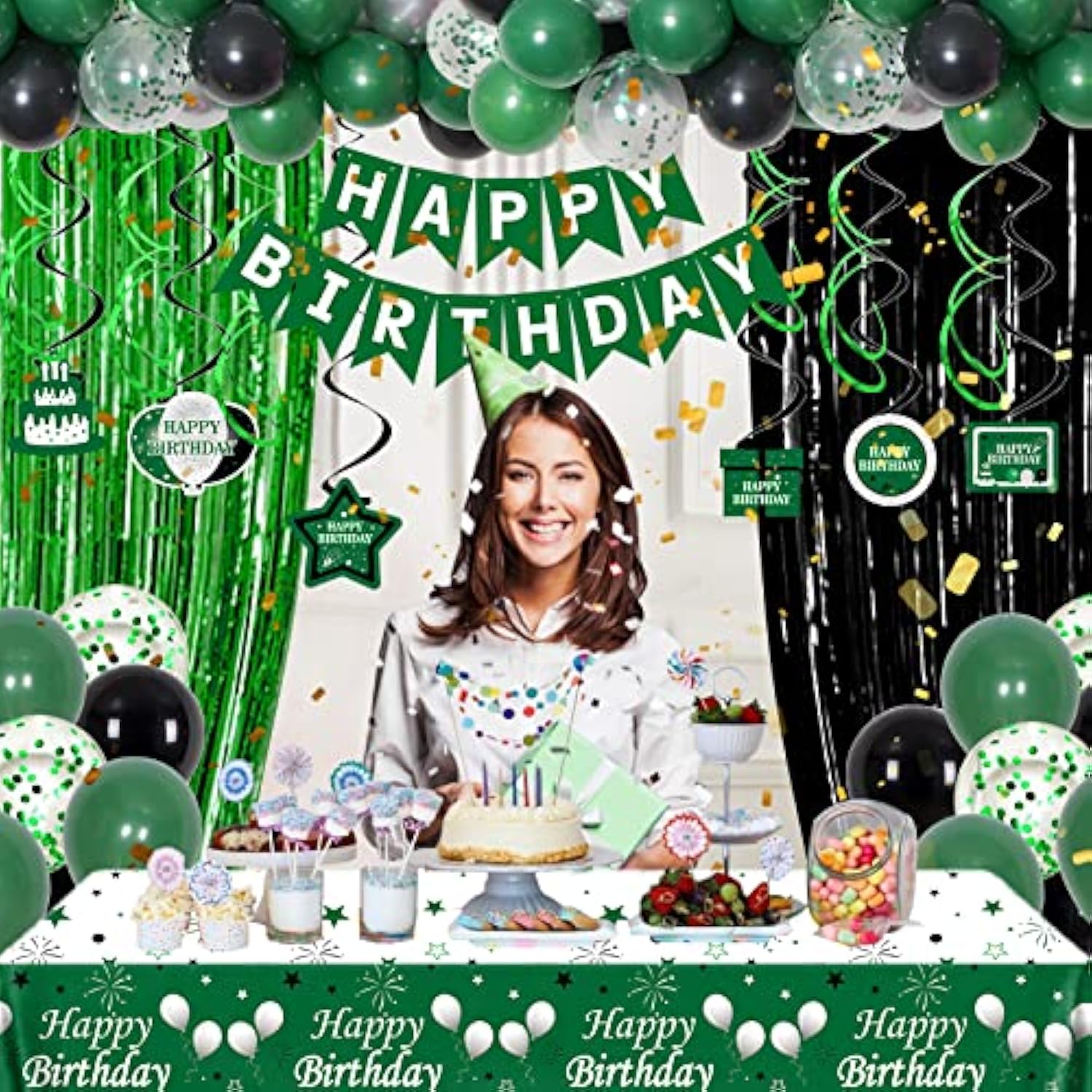 Green And Black Party Decorations For Men Women Boys Girls - Birthday Supplies With Happy Birthday Banner, Tablecloth, Fringe Curtains, Streamers, Confetti, Balloons