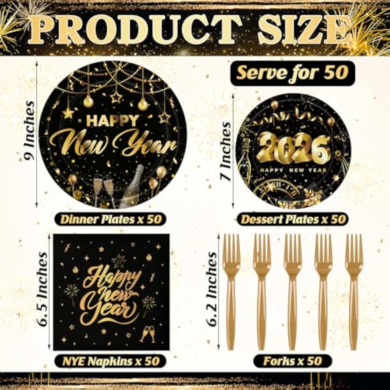 200 Pcs Nye Plates And Napkins Set, Disposable New Years Eve Party Supplies 2026, Black Gold 9" And 7" Plates Napkins Forks, Happy New Year Plates For Nye Decorations Gathering Celebration Serves 50
