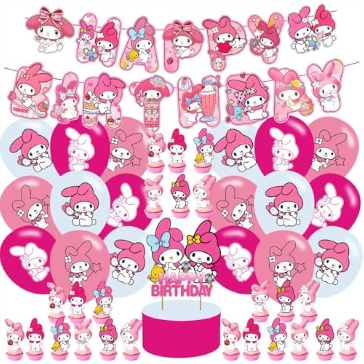My Cute Melodyy Party Supplies ,Cute Anime Birthday Party Decoration Princess Includes Cake Toppers,Cupcake Toppers, Balloons,Banner Party Supplies Decoration For Adults Boys Girls Teens