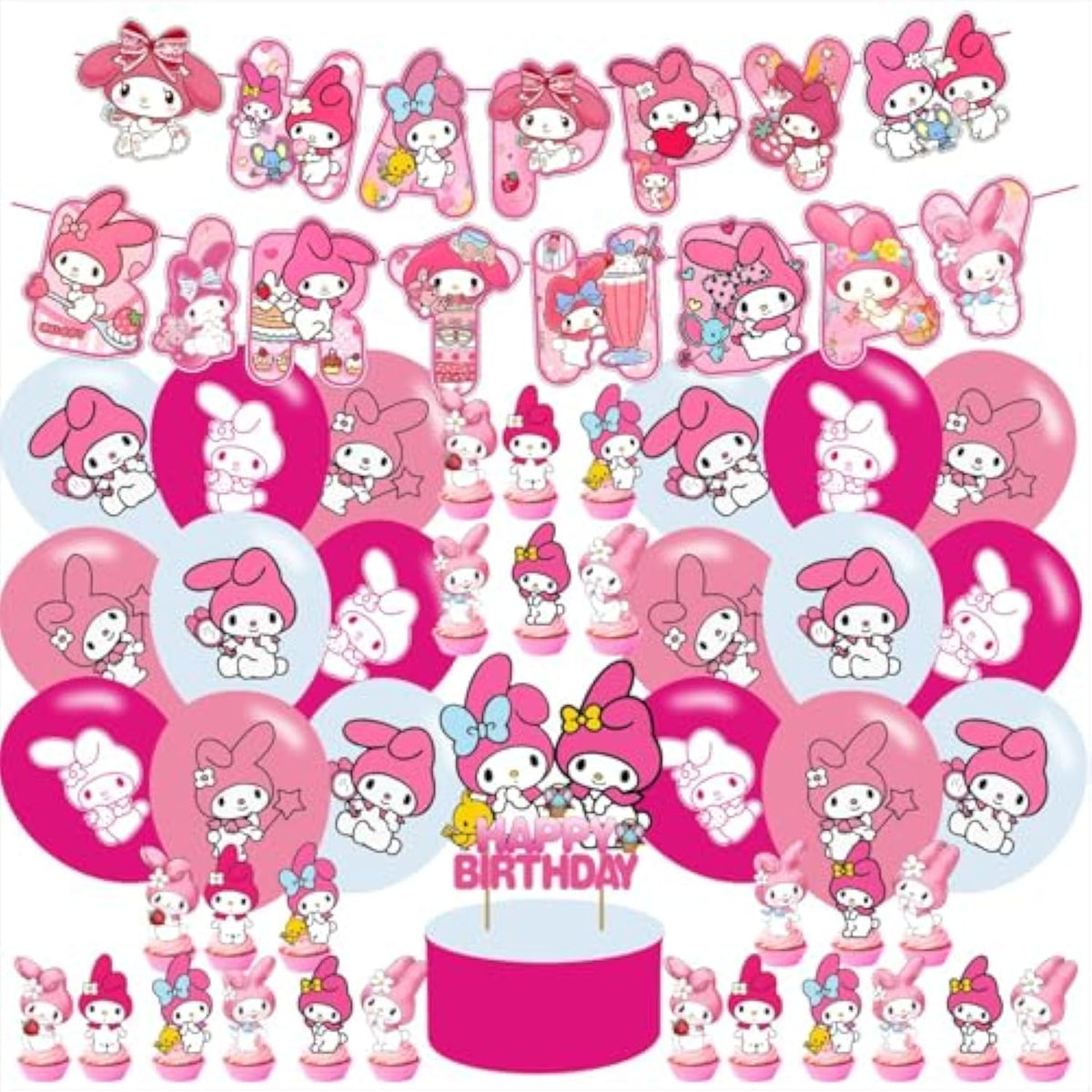 My Cute Melodyy Party Supplies ,Cute Anime Birthday Party Decoration Princess Includes Cake Toppers,Cupcake Toppers, Balloons,Banner Party Supplies Decoration For Adults Boys Girls Teens