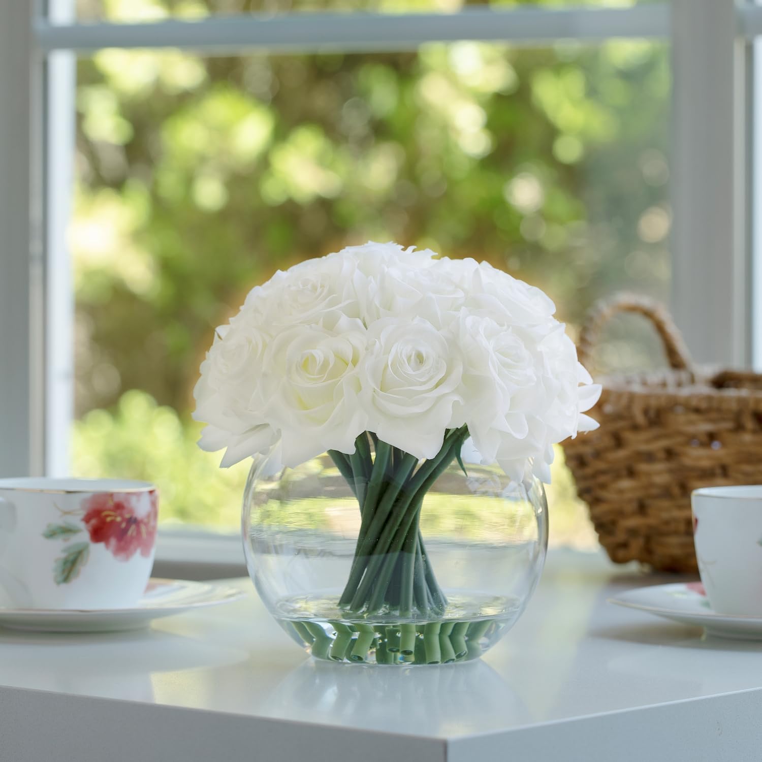 16 Heads Silk Rose Artificial Flowers In Vase,Faux Rose Flowers Arrangement In Round Bowl Vase With Faux Water For Table Decor Centerpieces (White)