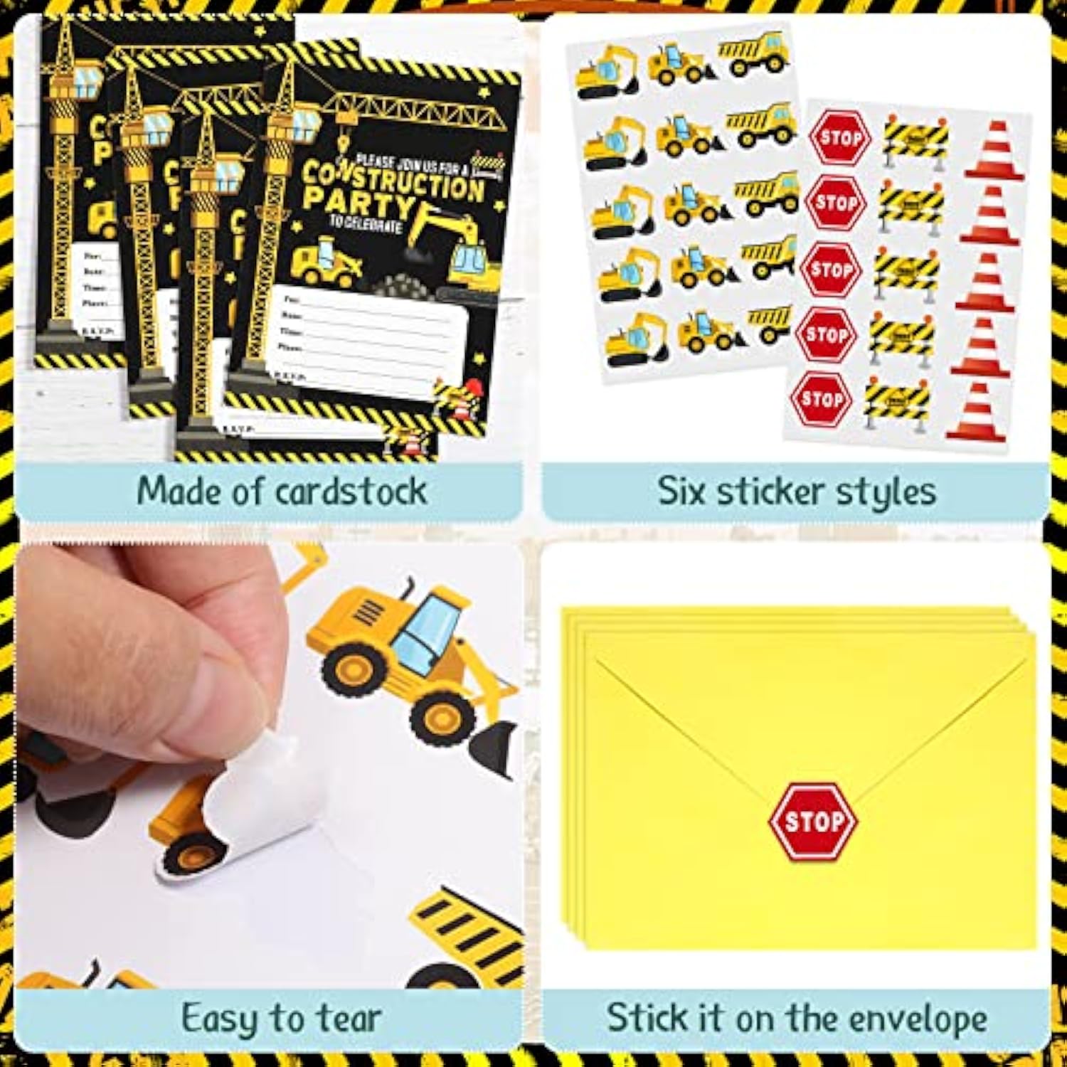 30 Pack Construction Party Invitations Construction Zone Birthday Invites With Yellow Envelopes And Stickers For Boy Kids Construction Dump Trucks Party Decoration Supplies