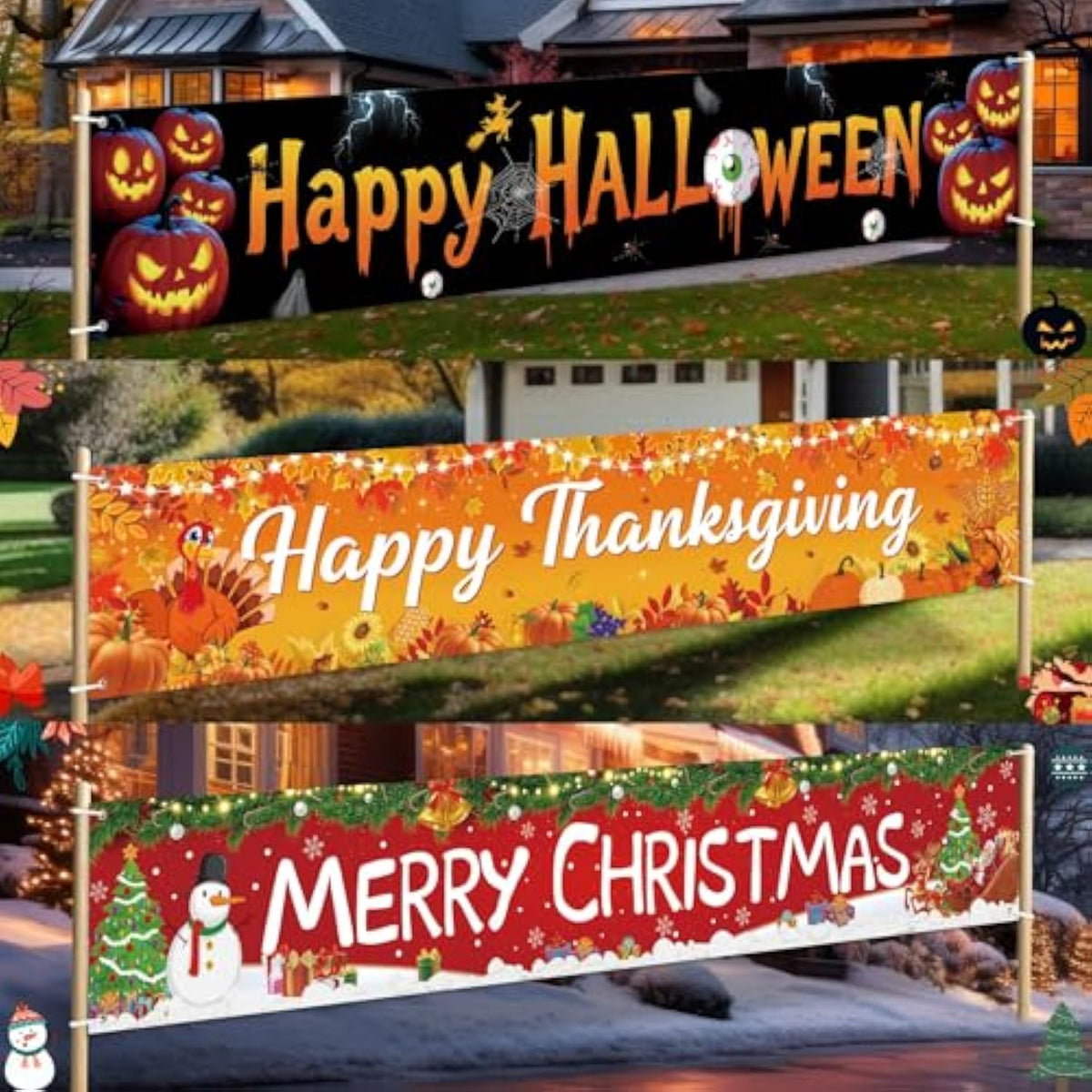 3 Pcs Halloween Thanksgiving Christmas Yard Banner Decorations Outdoor Indoor