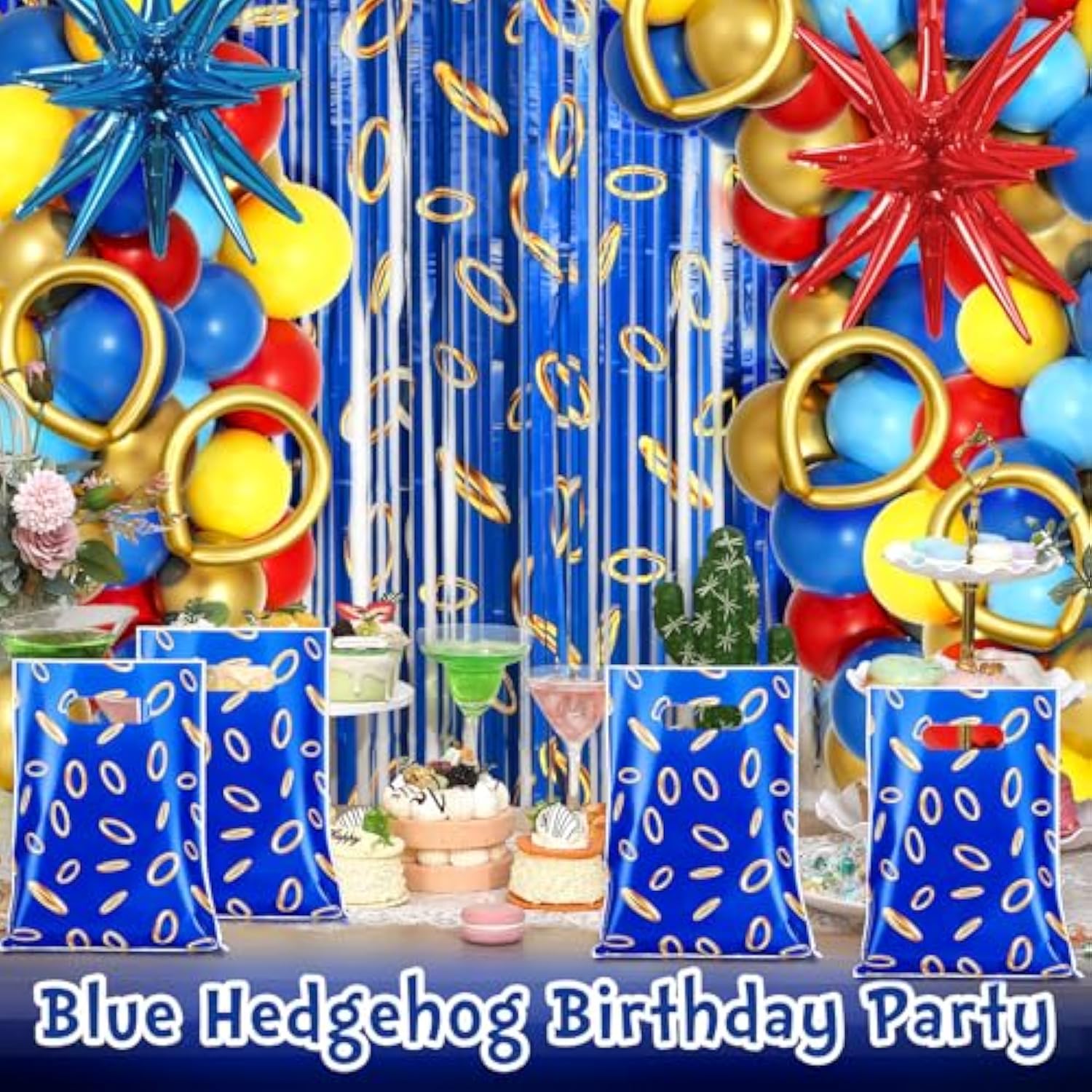 40 Pcs Video Game Party Favors Bags Blue With Gold Ring Print Themed Goodie Bags Candy Snack Treat Plastic Supplies For Birthday Game Party Decorations Gifts
