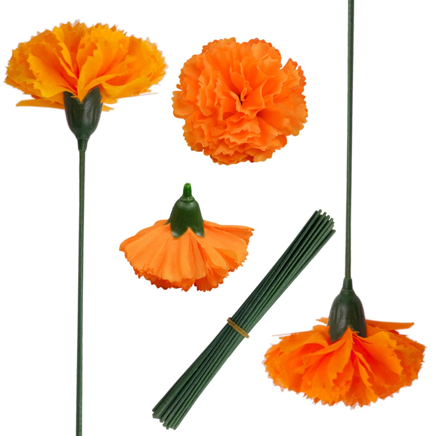 50Pcs Artificial Marigold Flowers, 2‘’ Silk Heads With Stems For Diwali, Indian Festival, Day Of The Dead Dia De Los Muertos, Mexican Party, Halloween, Altar Diy Decor