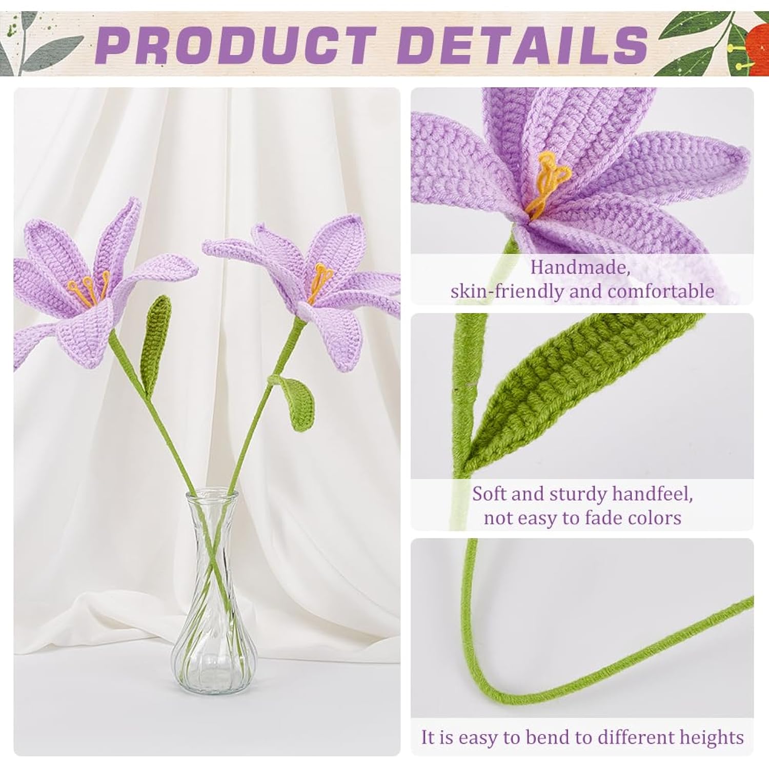 2 Pcs Handmade Crochet Artificial Lily Flowers – Lilac Knitted Cotton Flowers Bouquet With Iron Wire Stems For Home, Wedding & Party Decorations