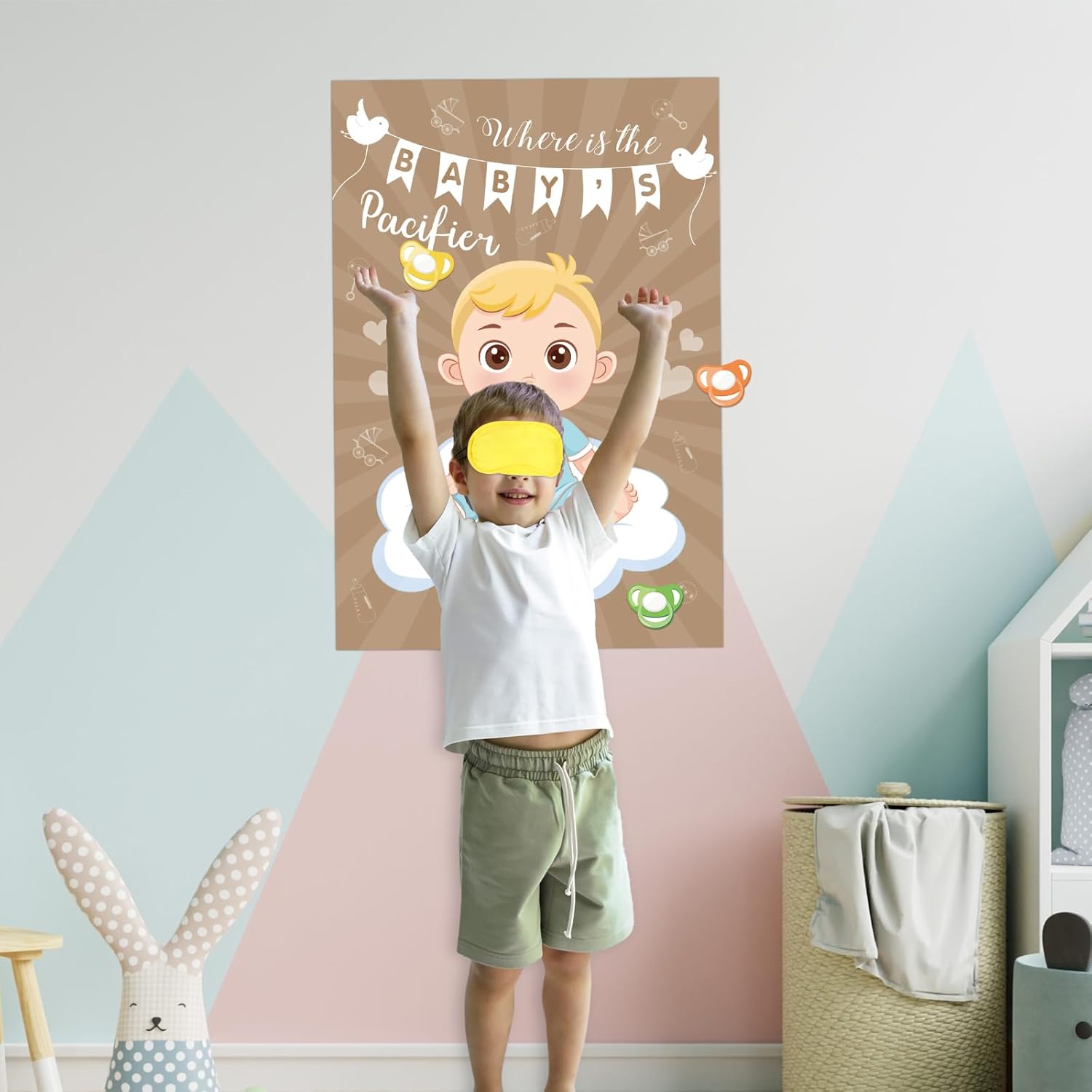 Baby Shower Game Pin The Pacifier On The Baby With 72 Pcs Pacifier Stickers, Large Baby Party Games Poster For Boys Kids Baby Shower Birthday Party Supplies