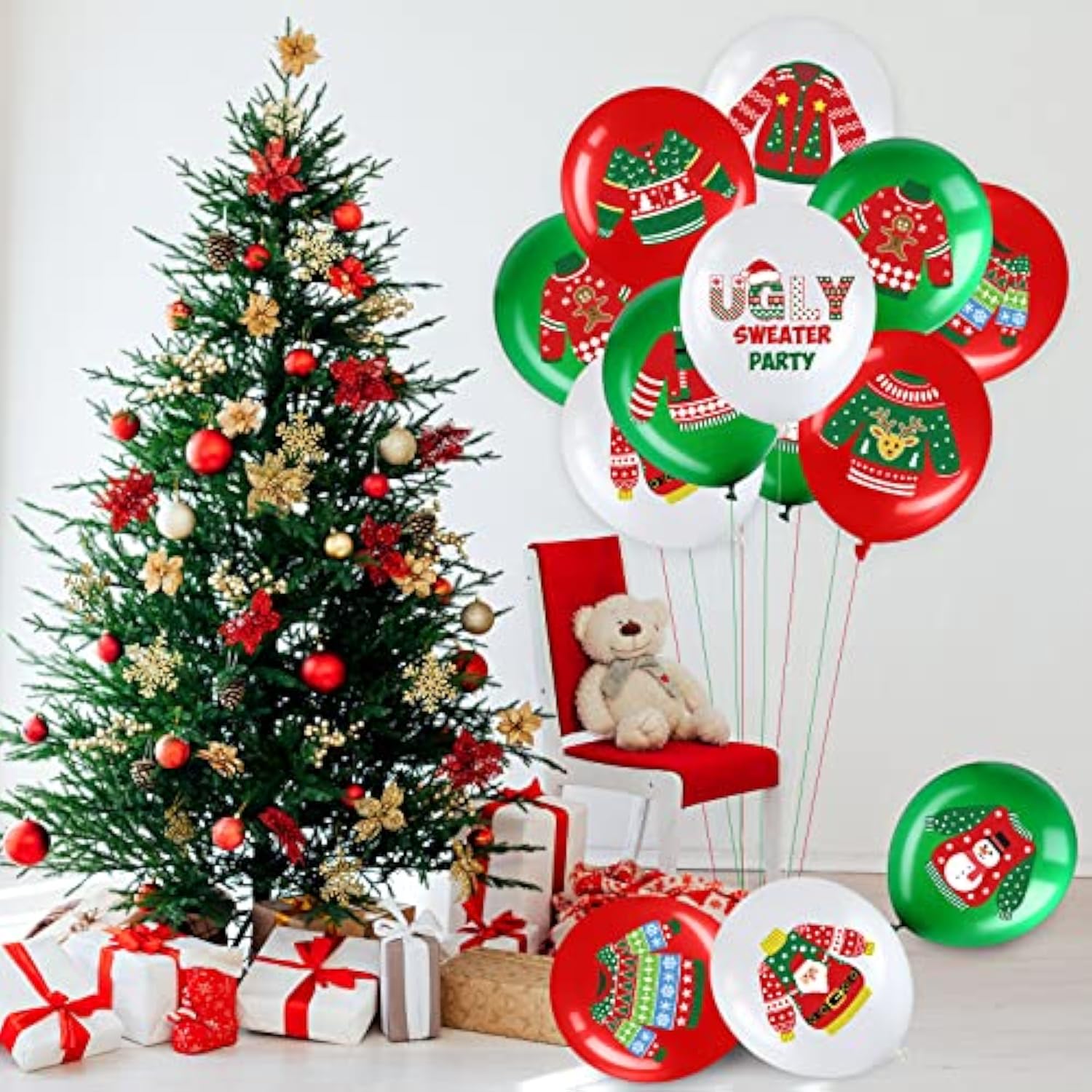 45 Pcs Christmas Balloons Ugly Sweater Balloon 12 Inch Red Green White Latex Balloons For Ugly Sweater Themed Party Christmas Party Decorations