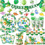 214Pcs Three Rex Birthday Decorations Tableware Boy,Dinosaur Paper Plates And Napkins For Birthday Party,12 Balloons,Banner,Tablecloth,Cups,Trex Dinosaur Theme 3 Year Old Boy Party Supplies,Serve 24