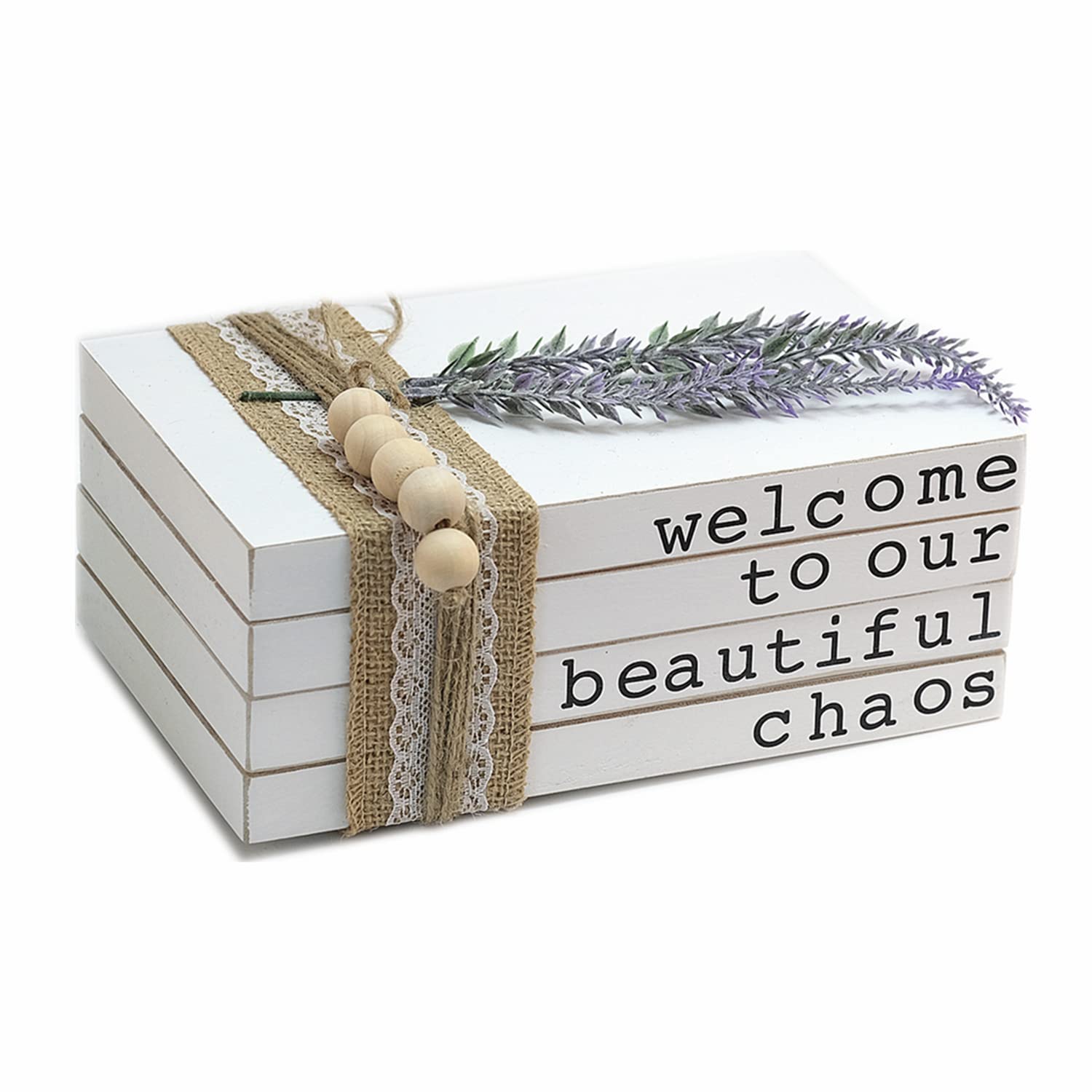 Welcome To Our Beautiful Chaos - Rustic Farmhouse Stacked Books - Set Of 4 Wooden Book Bundle - Farmhouse Home Decor - Housewarming Gift