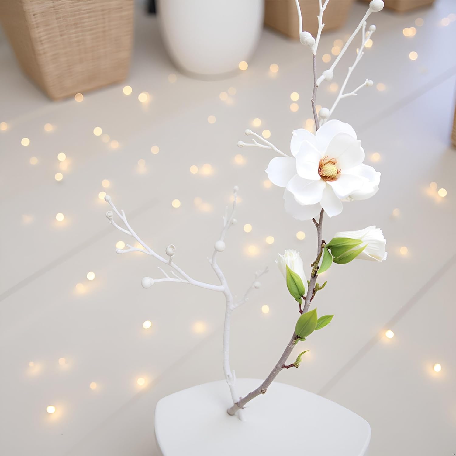 White Artificial Magnolia Fake Silk Flower Single Floral Home Decor Living Room Bedroom Garden Party Wedding Decoration In Pots Vase For Desk Table, Artificial Flowers, Home Décor
