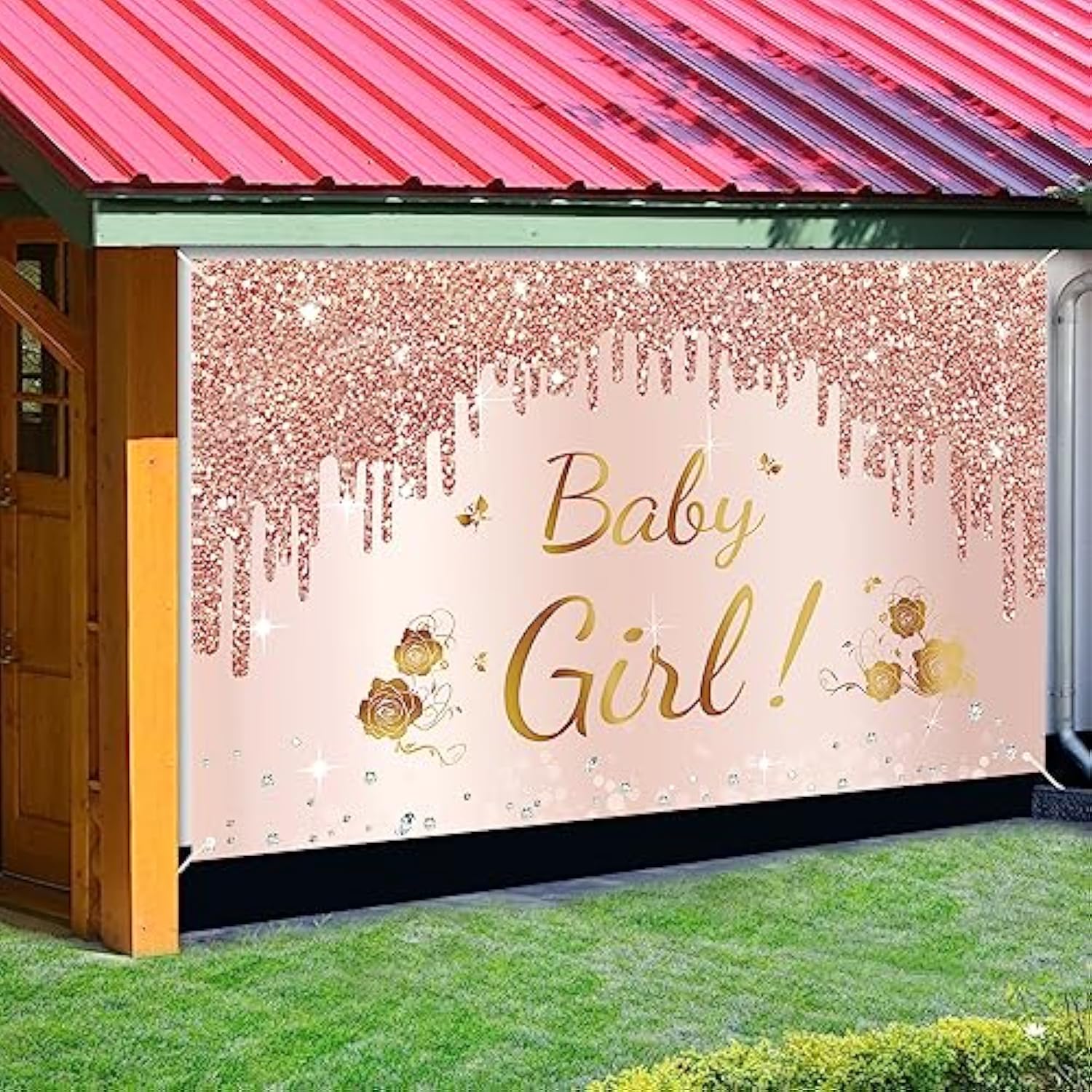 Pink Rose Gold Baby Girl Shower Banner & Backdrop – Sweet Baby Decor Set