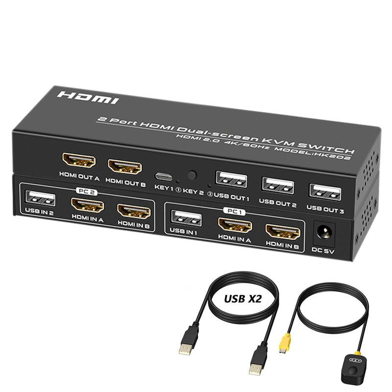 Dual Monitor Hdmi Kvm Switch 4K@60Hz, 2 Port Hdmi Usb Extended Display Switche