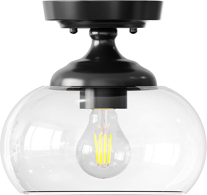 Industrial Semi Flush Mount Ceiling Light Matte Black Clear Glass Farmhouse Fixture