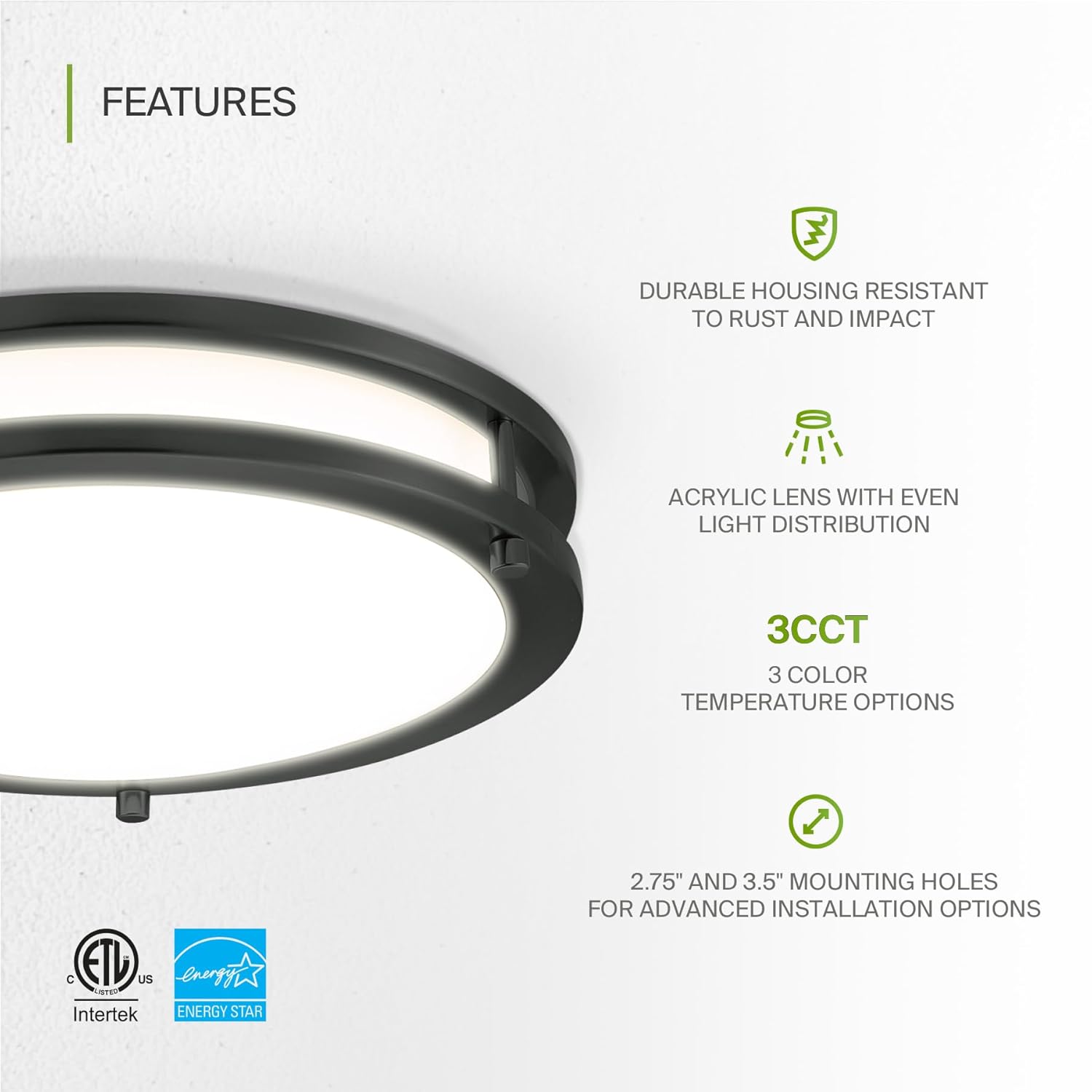 ASD LED 12" Round Flush Mount Lighting, Close to Ceiling Light Fixture | 3CCT, Dimmable, Energy Star, ETL Listed | 20W 1550LM 3000-5000K 120V | Low Profile Double Ring Lamp | Black, 4 Pack