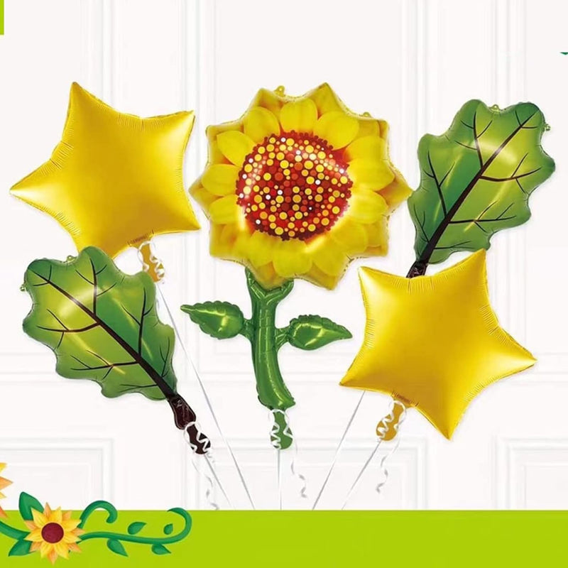 5 Pcs Sunflower And Green Leaves Five-Pointed Star Foil Balloons For B