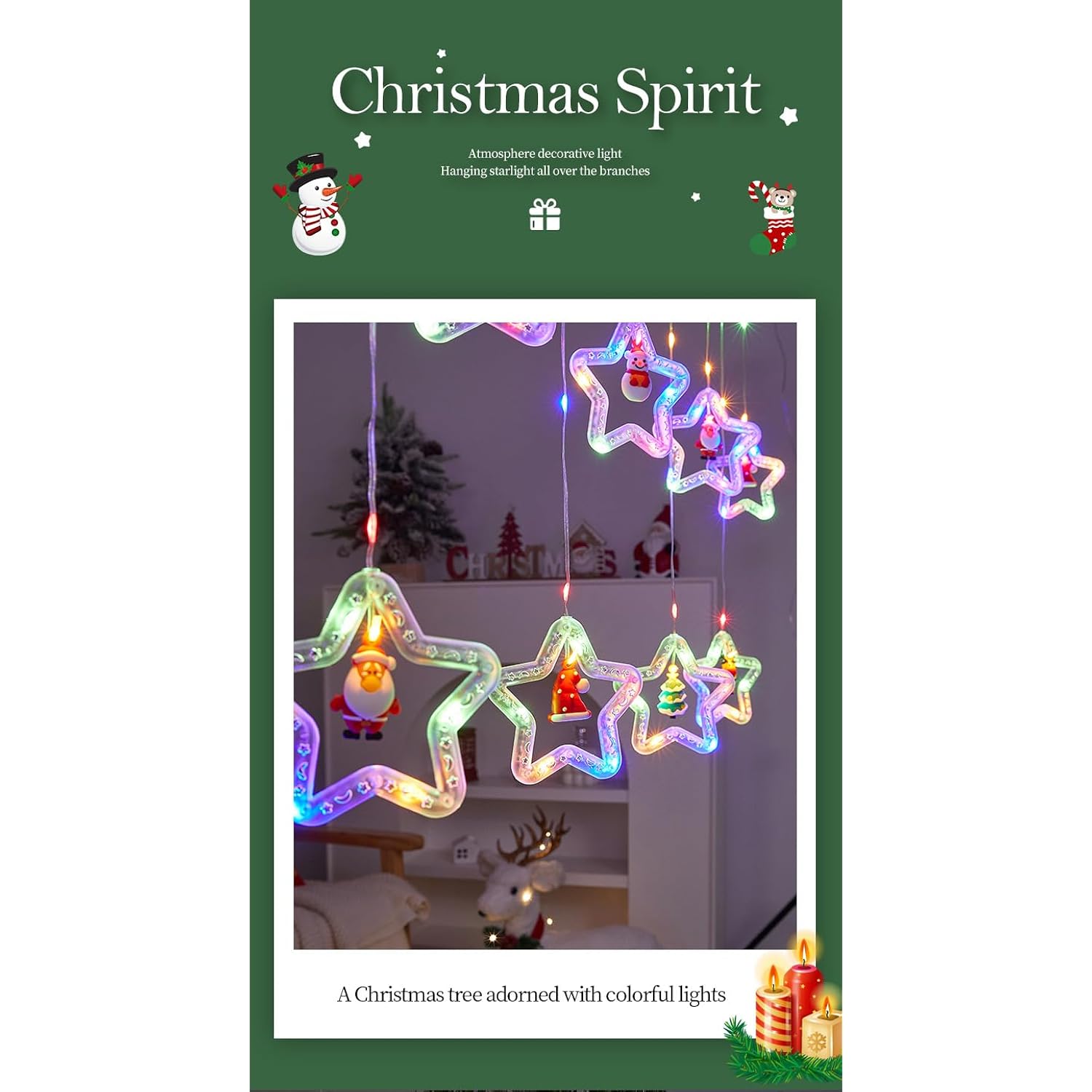 100L Christmas Star Curtain Lights With Decorative Ornaments - 10 Star Hanging Loop Lights, 0.4/0.6M Height, 2M Power Co
