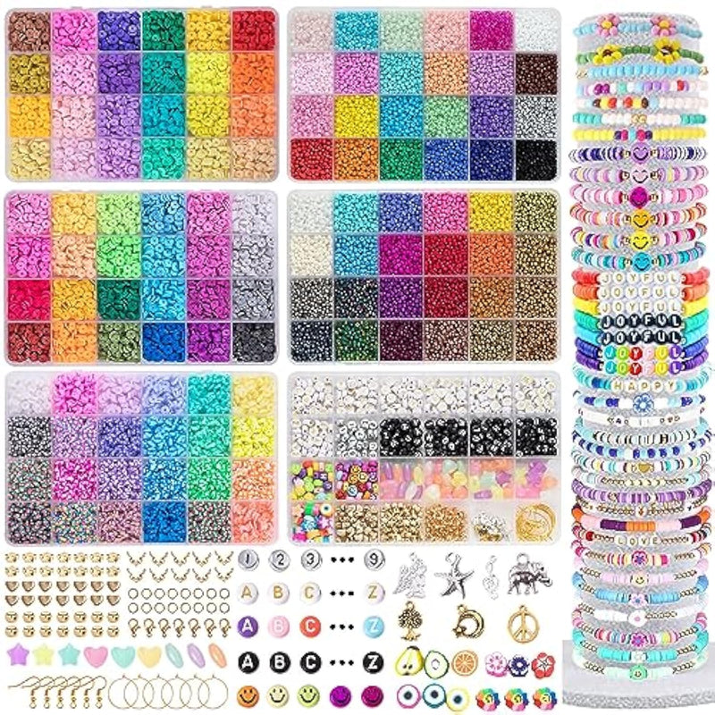 6 Boxes 16800Pcs 72 Colors Clay & 48 Colors Glass Seed Beads Kit For Friendship Bracelets, Heishi & Letters