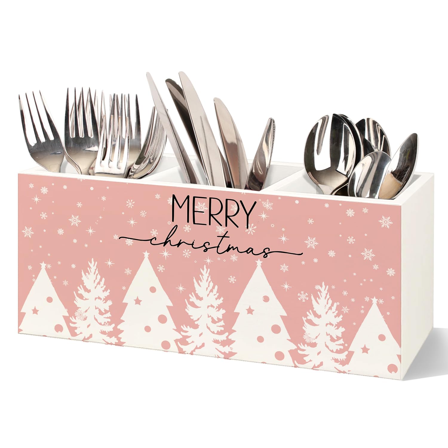 Merry Christmas Kitchen Utensil Holder, Pink Christmas Xmas Tree Snowflake Wooden Utensil Holder Organizer For Kitchen Countertop Counter Shelf Table Decor