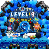 90Pcs Video Game Party Decorations For Boys Set Blue - 9Th Birthday Supplies - Video Game Backdrop, Balloons, Tablecloth, Gamer And 9 Foil Balloons