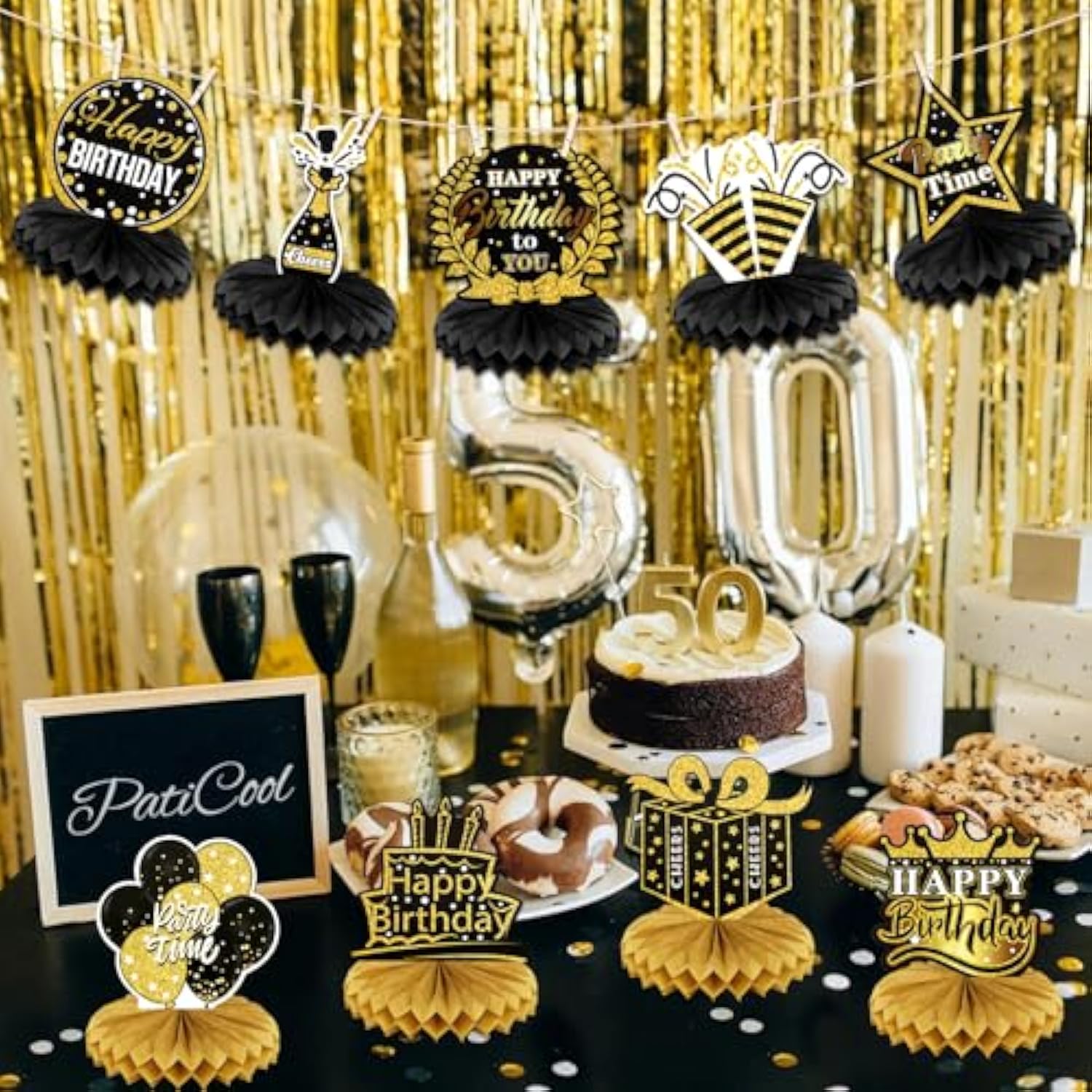 9 Pcs Happy Birthday Party Table Decorations | Black And Gold Birthday Center Pieces For Table | Birthday Honeycomb Table Centerpieces | Reusable Birthday Table Toppers For Girls Boys Women Men