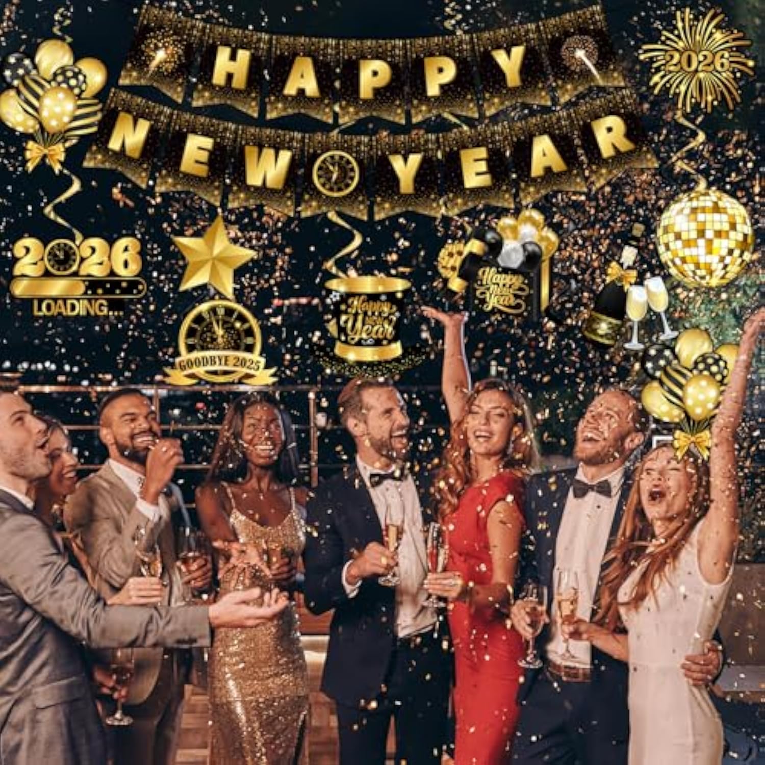 Black Gold Happy New Year 2026 Banner and Hanging Swirls Party Decorations