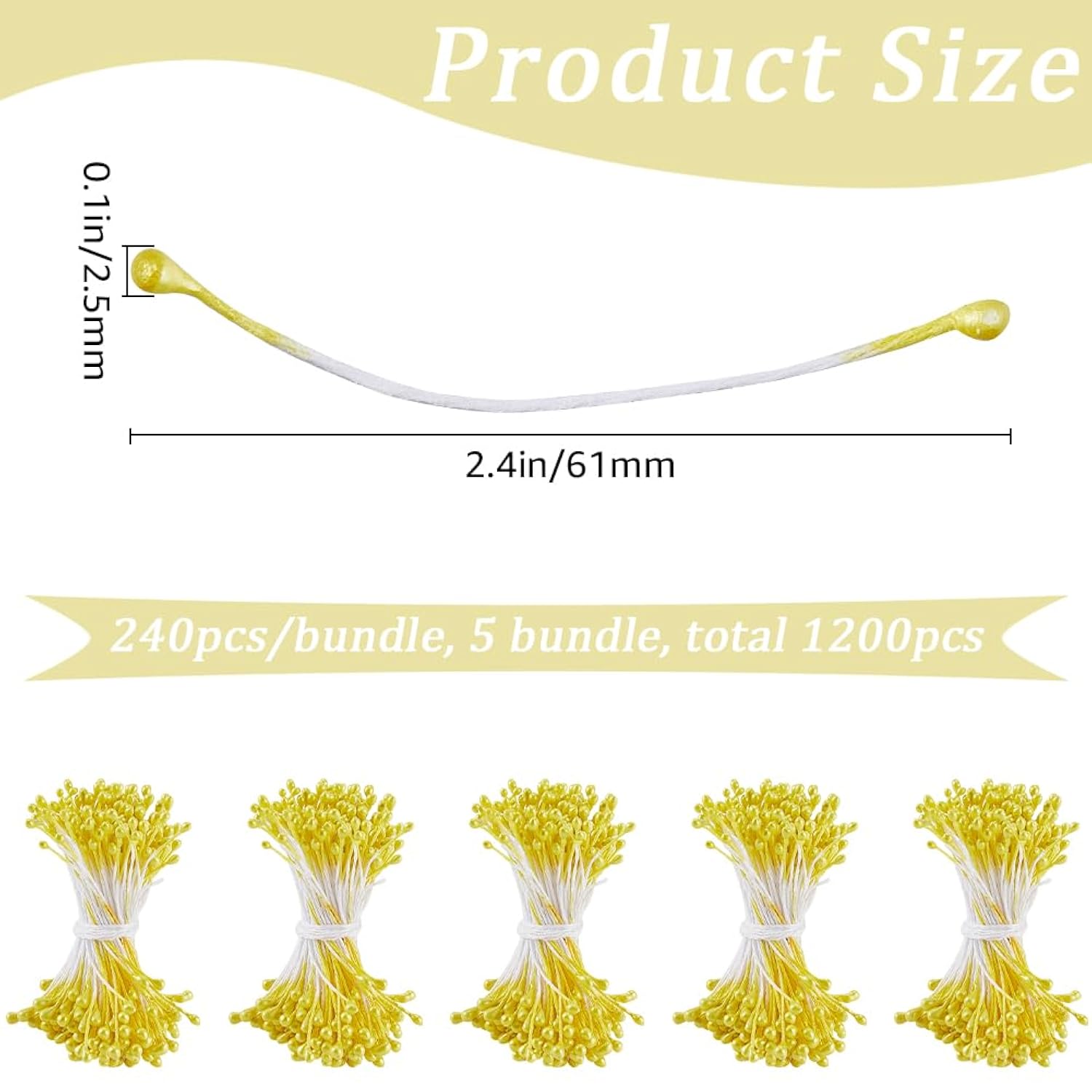 1200Pcs 0.12 Inch Flower Stamens Artificial Flower Small Stamens Plastic Pearl Yellow Floral Stamen Double Head Pollens Core For Flower Hairpin Jewelry Making Accessories Supplies Diy Craft