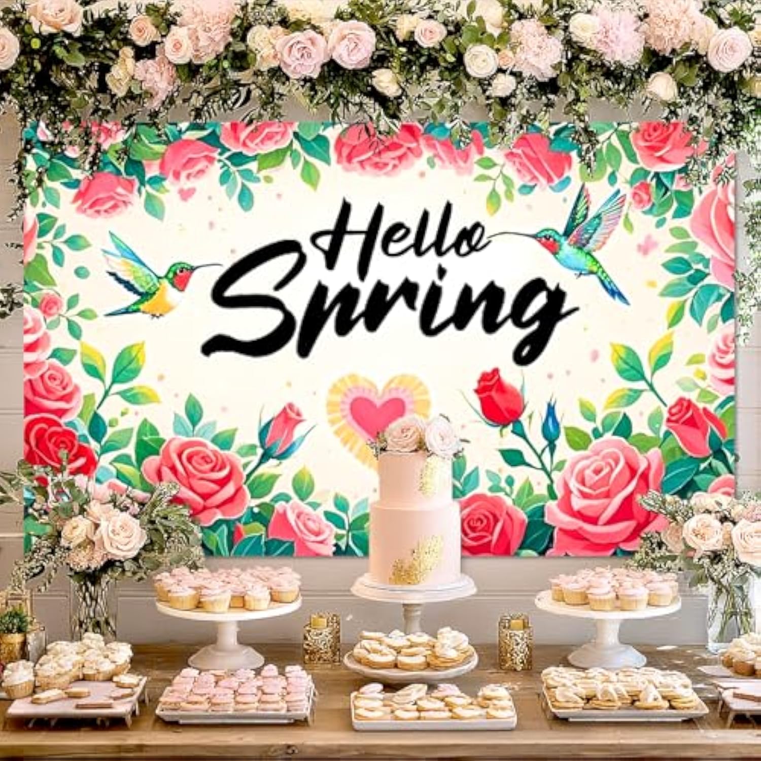 Hello Spring Banner Spring Decorative Backdrop For Spring Party Decorations Indoor Outdoor Home Use 71 * 43Inchs Floral Rose Welcome Spring Summer Banner Photo Booth Background