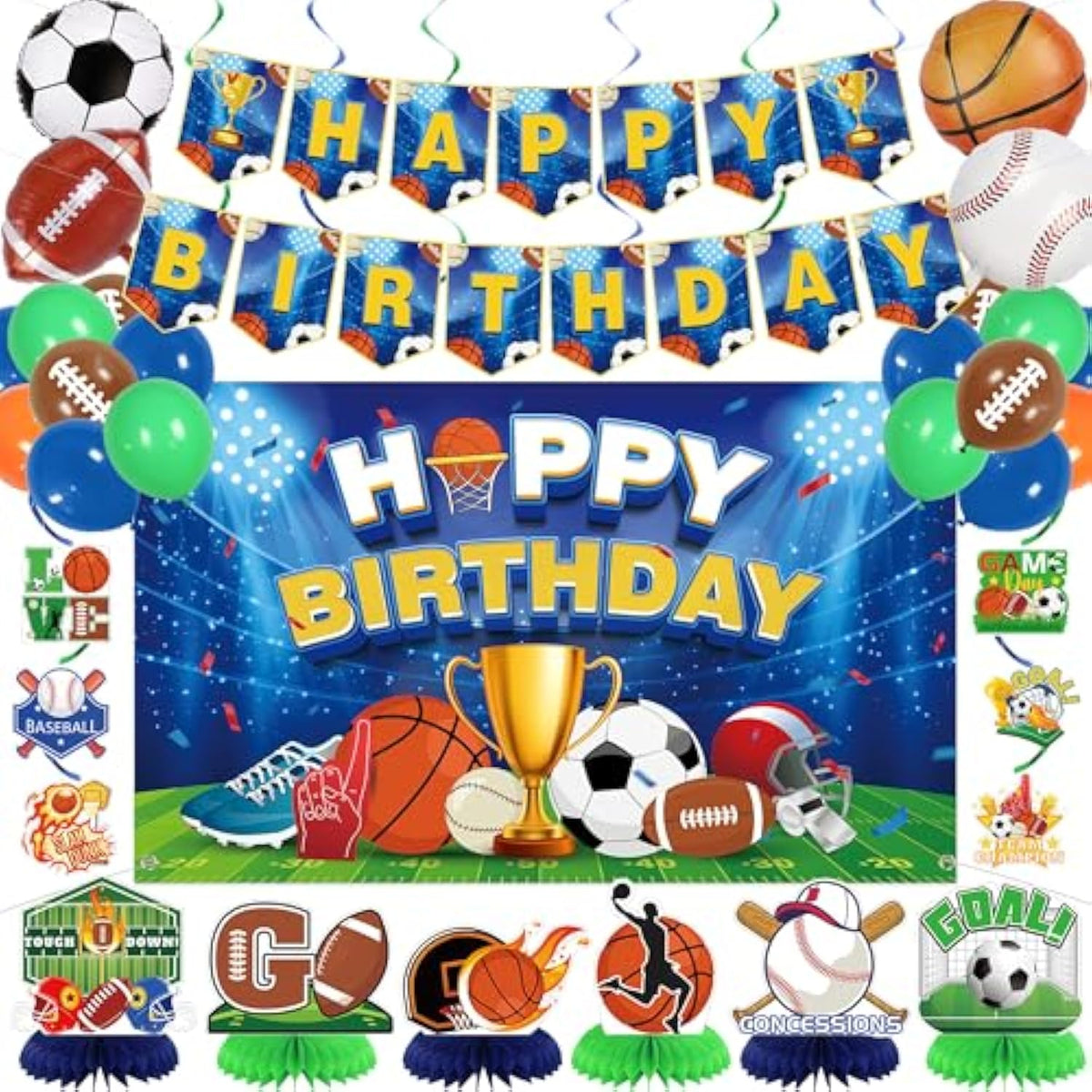 Sports Birthday Party Decorations, 40Pcs Sports Theme Backdrop Banner And Balloons Kit, Basketball Football Baseball Soccer Honeycomb Cake Topper For Birthday Party For Boys And Girls