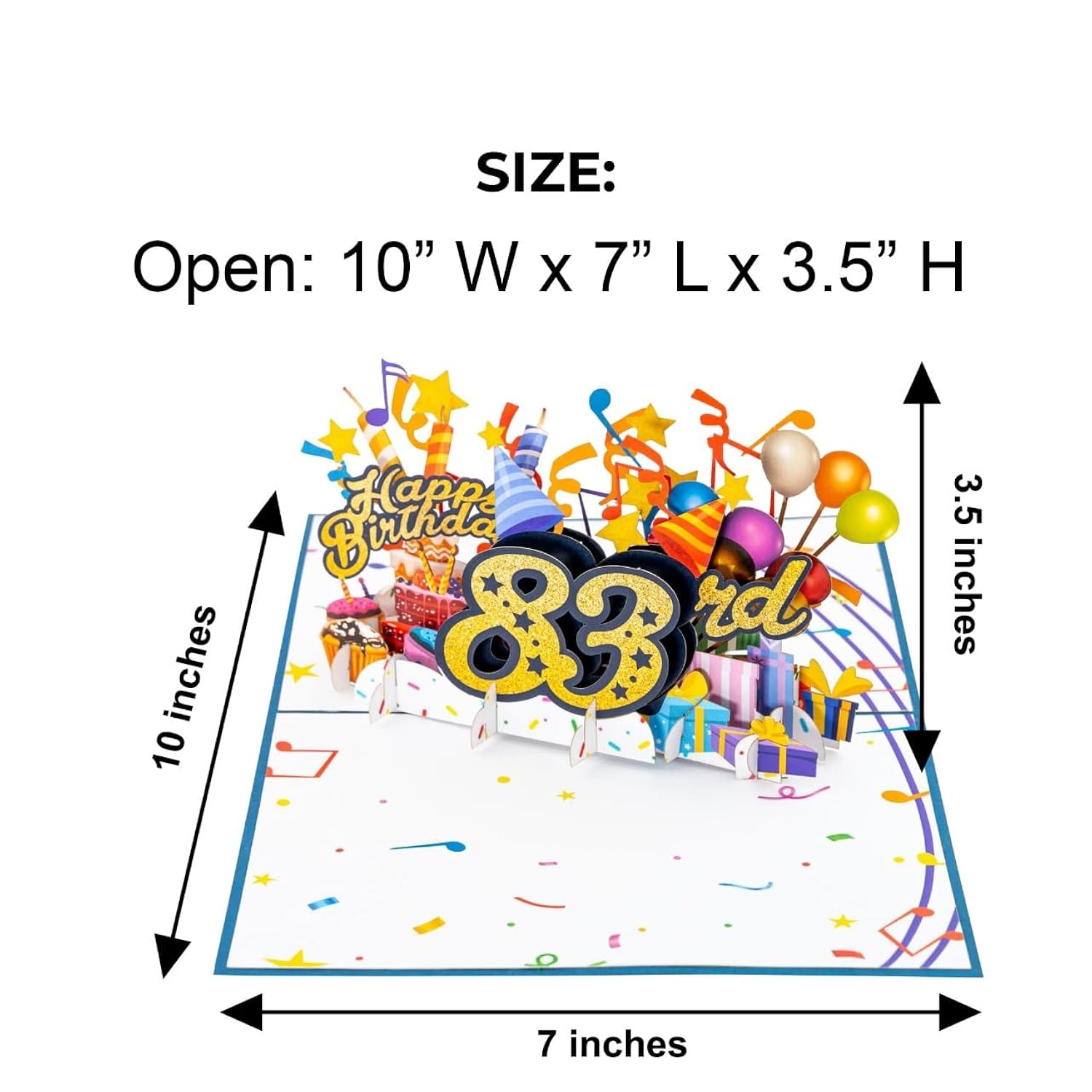 3D Pop Up Happy 83Rd Birthday Card – Blue Design With Glitter Numbers, Balloons, Cakes & Gifts – Unique Bday Card For Dad, Mom, Husband, Wife, Man Or Woman – 5" X 7"