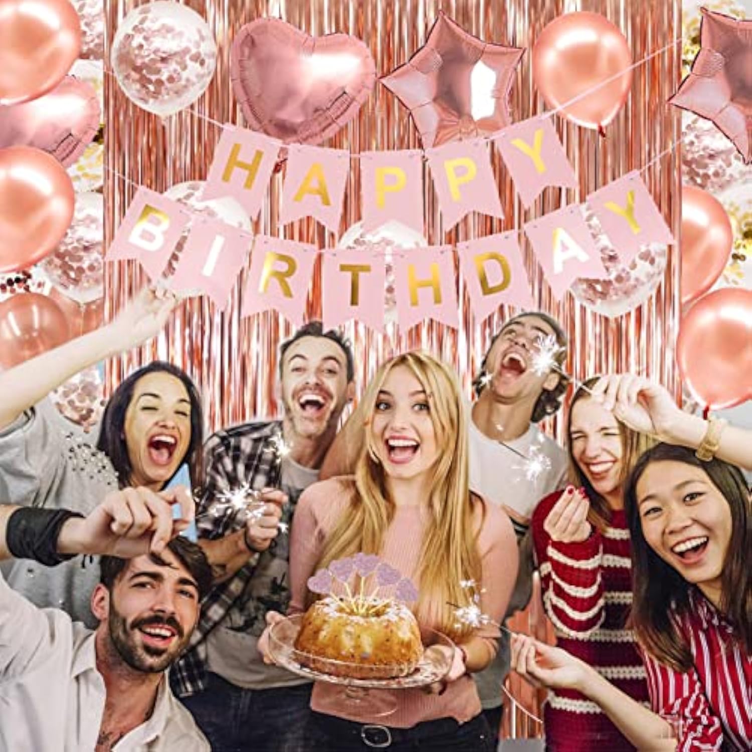 Rose Gold Birthday Party Decorations, Happy Birthday Banner, Rose Gold Fringe Curtain, Heart Star Foil Confetti Balloons, Hanging Swirls For Women Girls Birthdays Princess Party