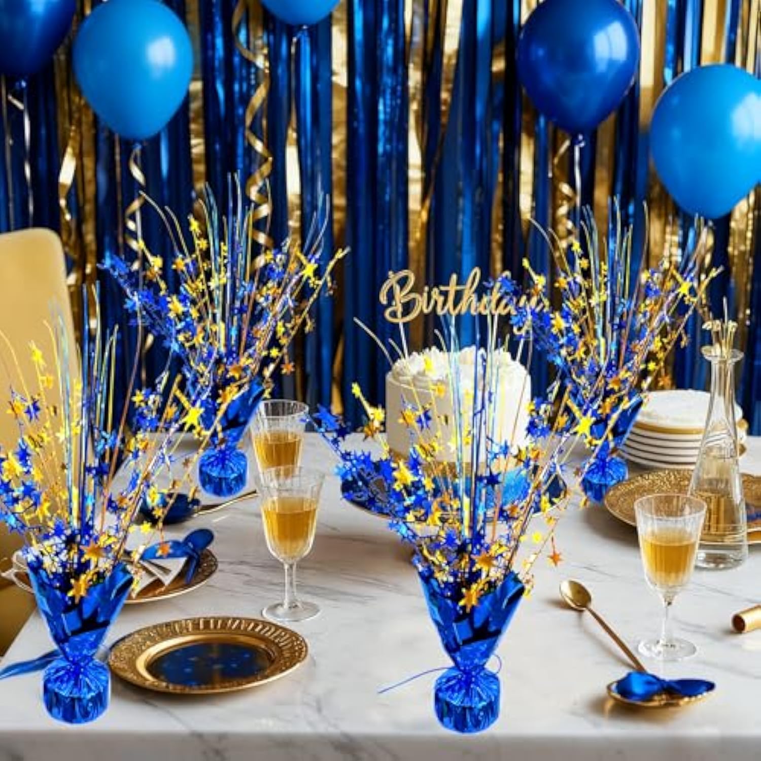 6 Pack Metallic Foil Star Burst Table Centerpiece Gold & Blue Party Decor
