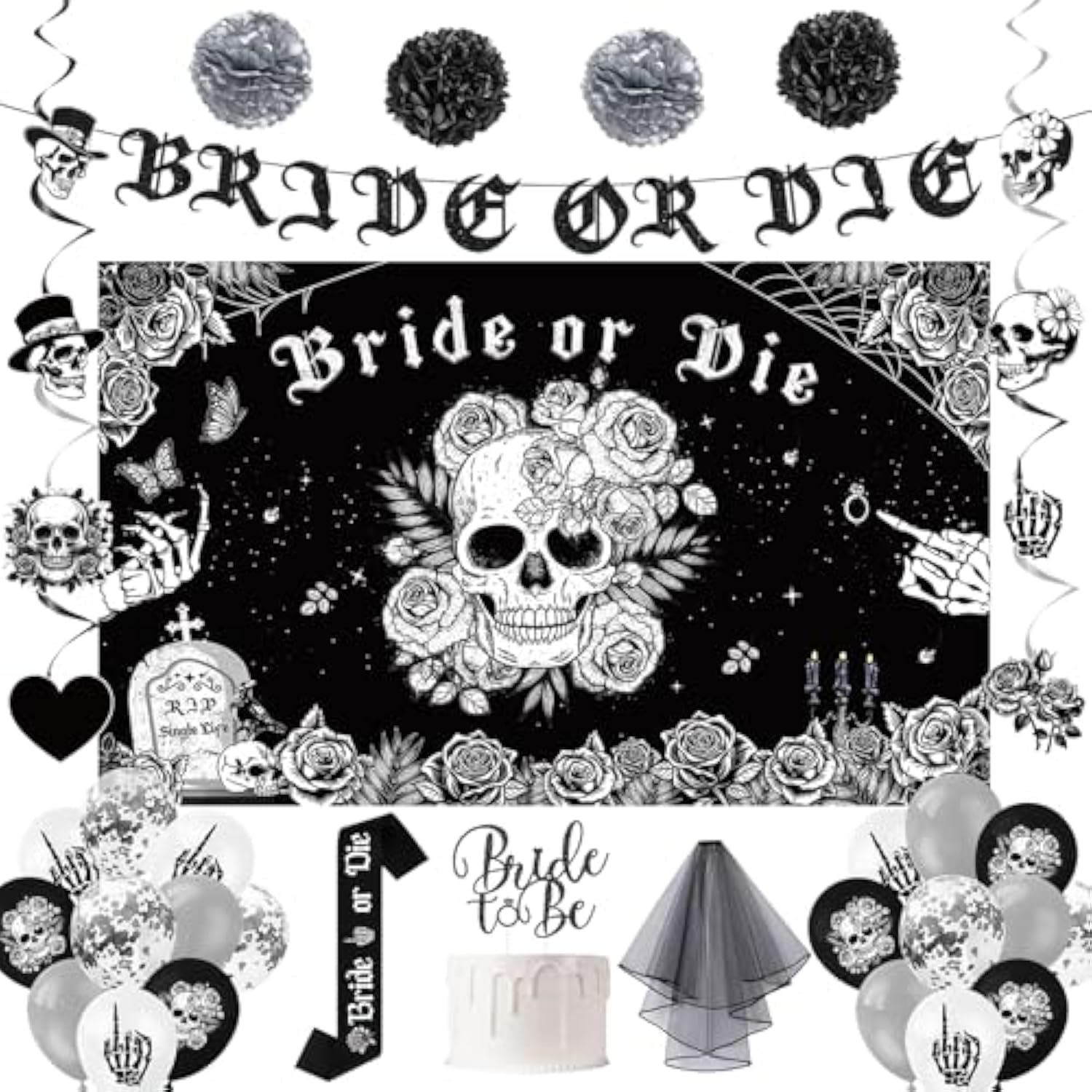 Bride Or Die Bachelorette Party Decorations, 35Pcs Black Bride To Be Banner Balloons Sash Veil Hanging Swirls Cake Topper Kit, Till Death Do Us Decorations For Bridal Shower Wedding Party