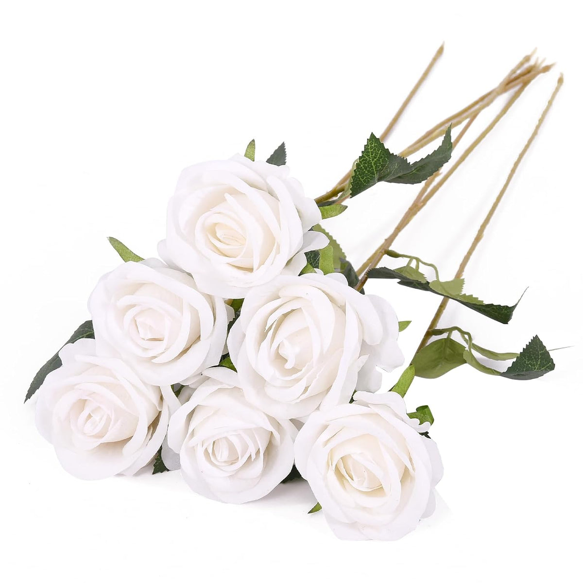 6 Pcs Fake Roses Artificial Flowers Bulk, White Roses Bridal Bouquet Silk Faux Rose With Stems For Wedding Flowers Decoration, Valentine'S Day, Anniversary,Home Decor (6Pcs, White)