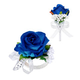 2Pcs Blue Rose Corsage And Boutonniere Set, Corsage Wristlet Band For Prom Suit Decorations, Artificial Boutonniere For Men Wedding Party Flower Accessories
