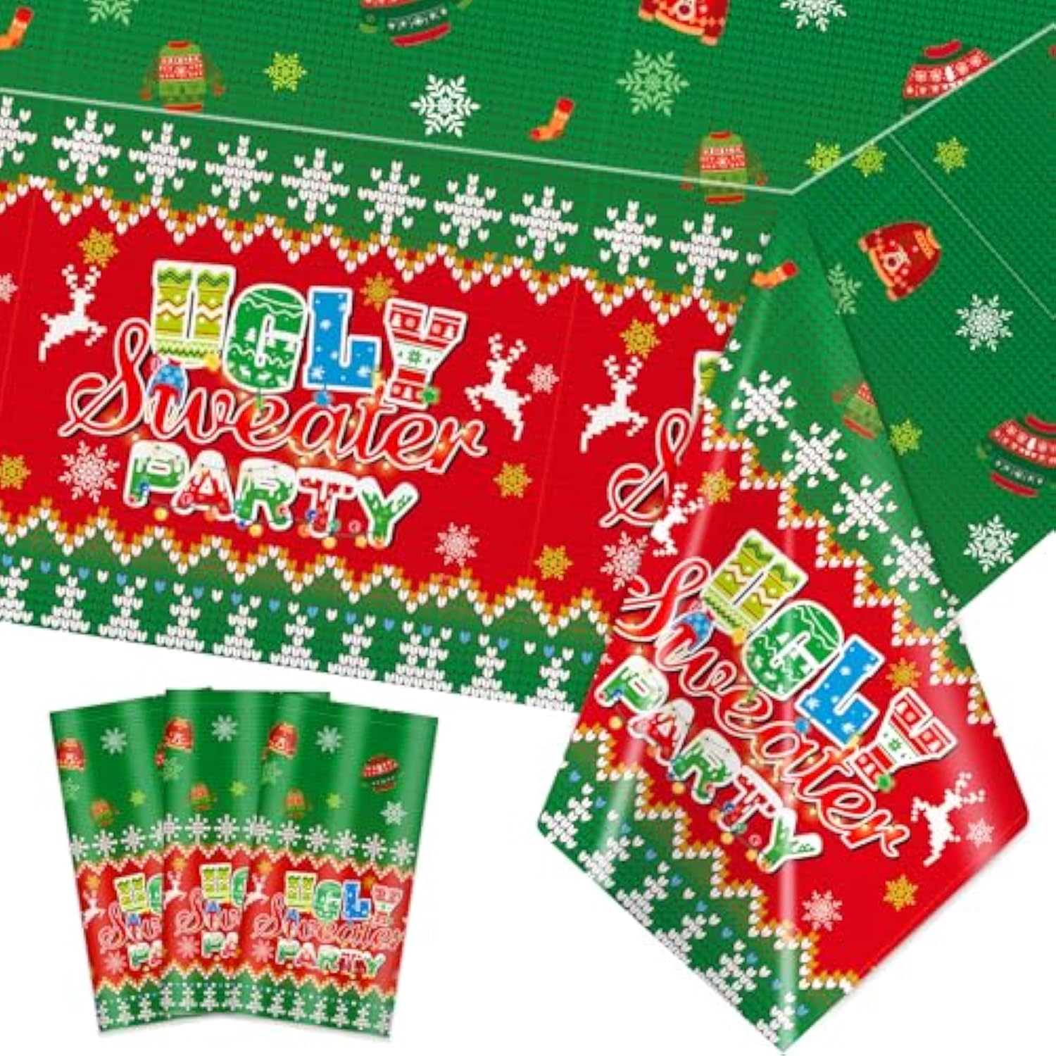 3 Pcs Christmas Ugly Sweater Tablecloths 54x108 Inch Disposable Holiday Party Decor
