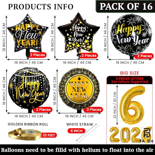 16 Pieces, Gold 2026 Balloons Set - Big, 32 Inch | Shimmery Black and Gold New Year Backdrop | Happy New Year Balloons, New Years Balloon, Black Gold New Years Eve Party Supplies 2026, NYE Decorations