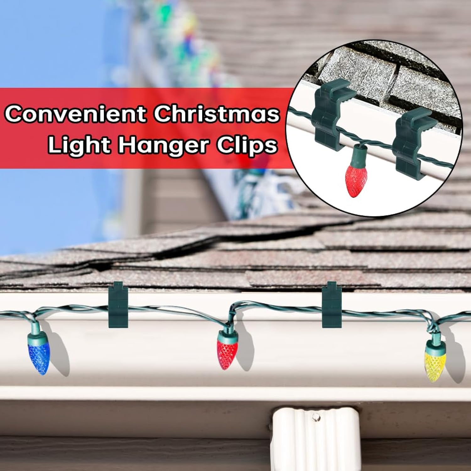 Christmas Light Hangers Clips 7/8 Inch Fascia Board Clips Hooks Holiday Deck Light Hooks For Christmas Decoration Roof Gutter Fence In Thickness From 3/4'' To 7/8", Green, 100 Pcs